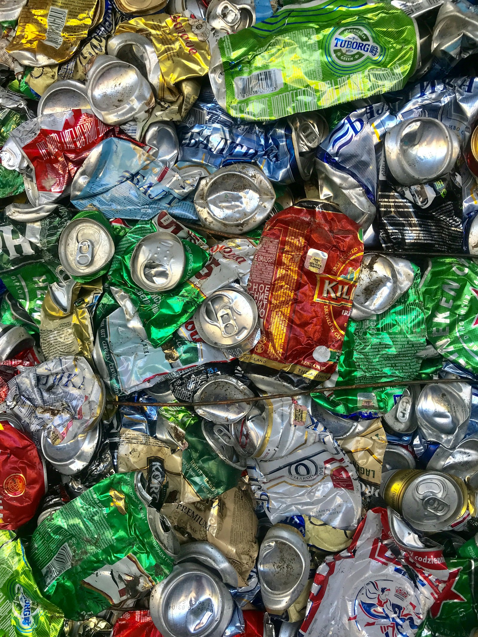 Crushed cans baled for recycling